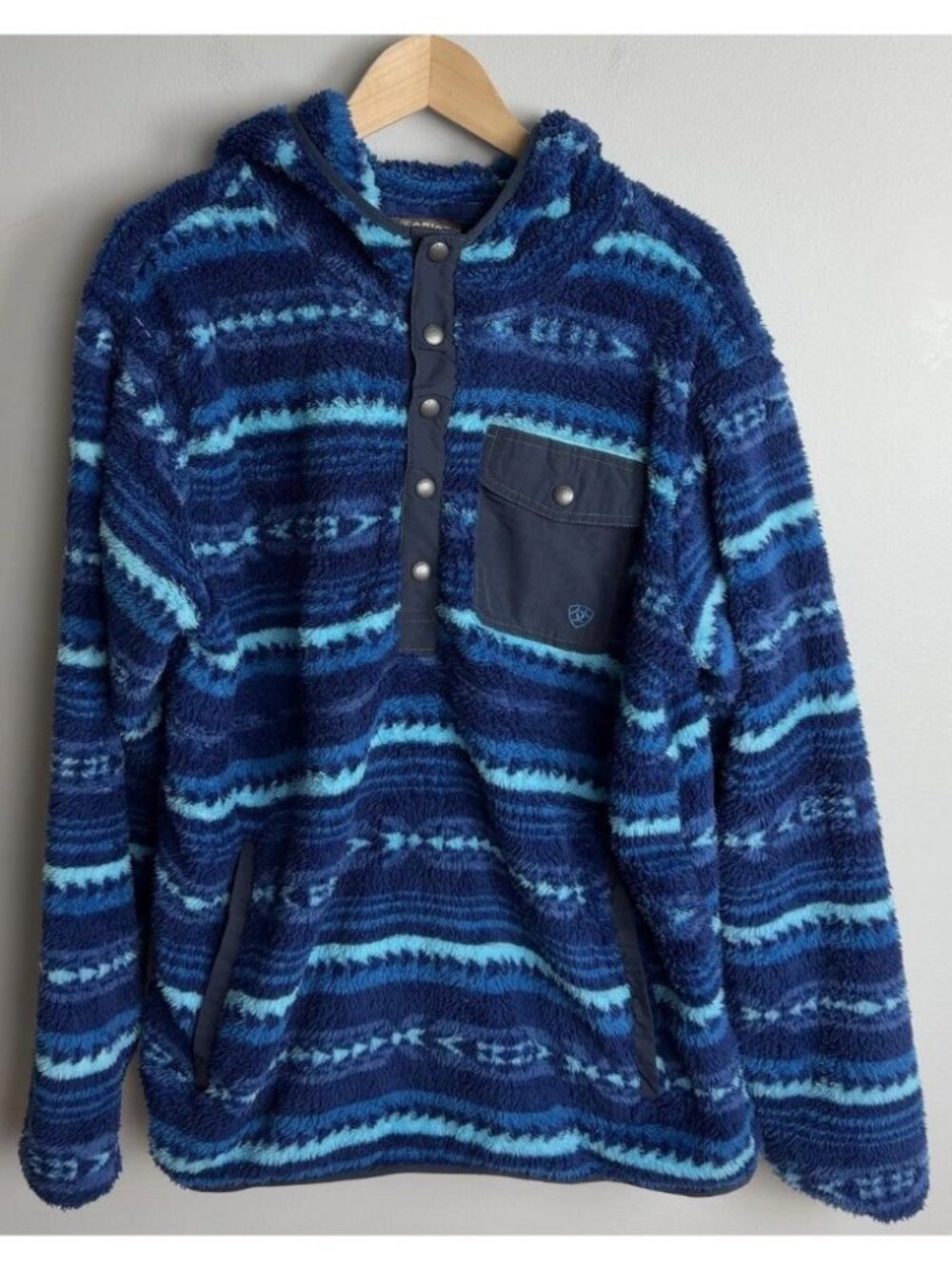 Ariat Polar Bear Fleece Pullover Hoodie Blue Pattern Size Large Warm Men’s